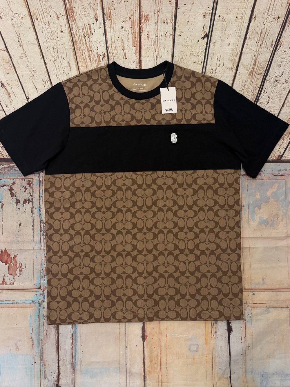 COACH T-Shirt Signature Monogram Colorblock Mens L Brown Black Streetwear Luxury